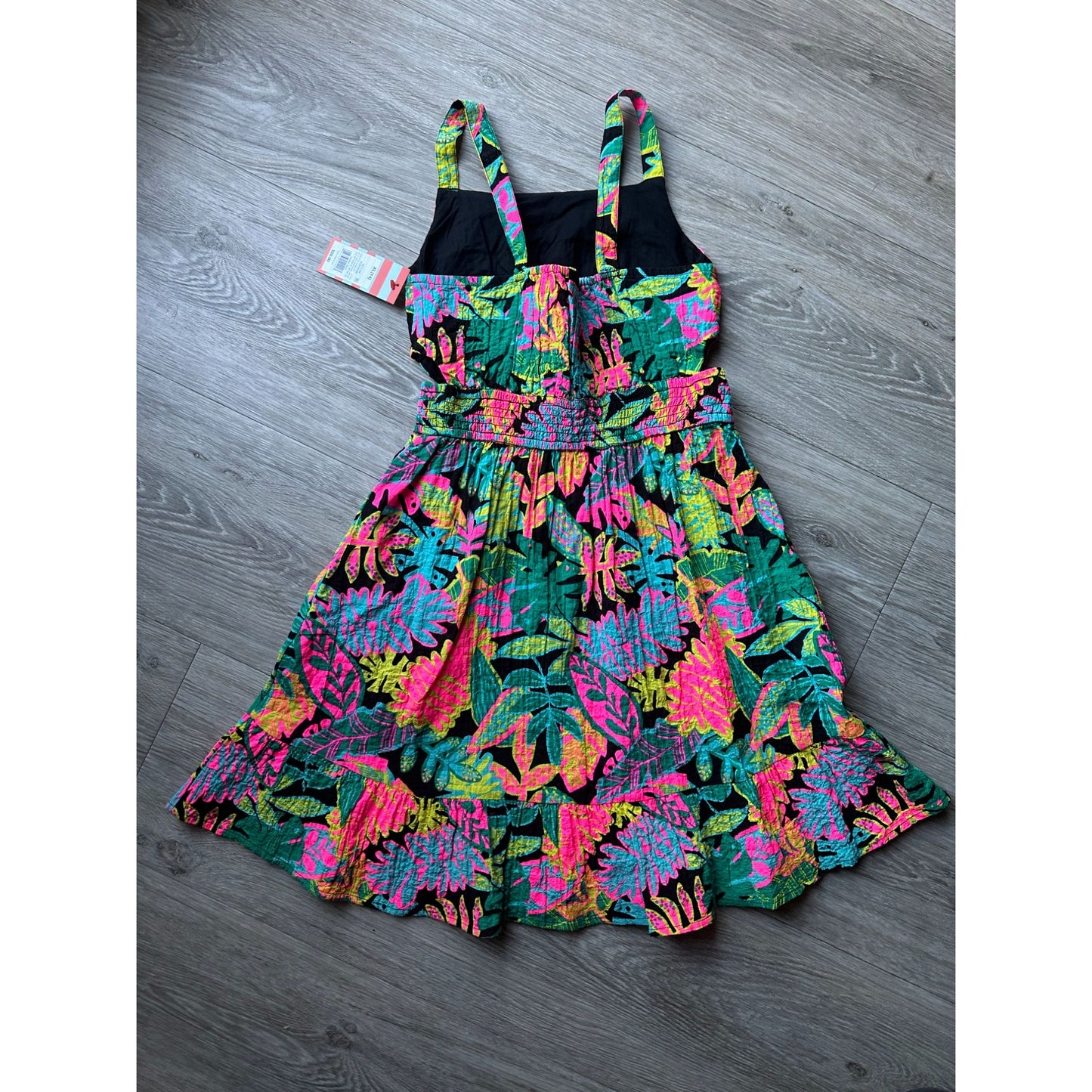 Girls Sundress - Tropical Foliage Print Dress - Black w Bright Colors Small Cutouts at Waist - L (10-12)