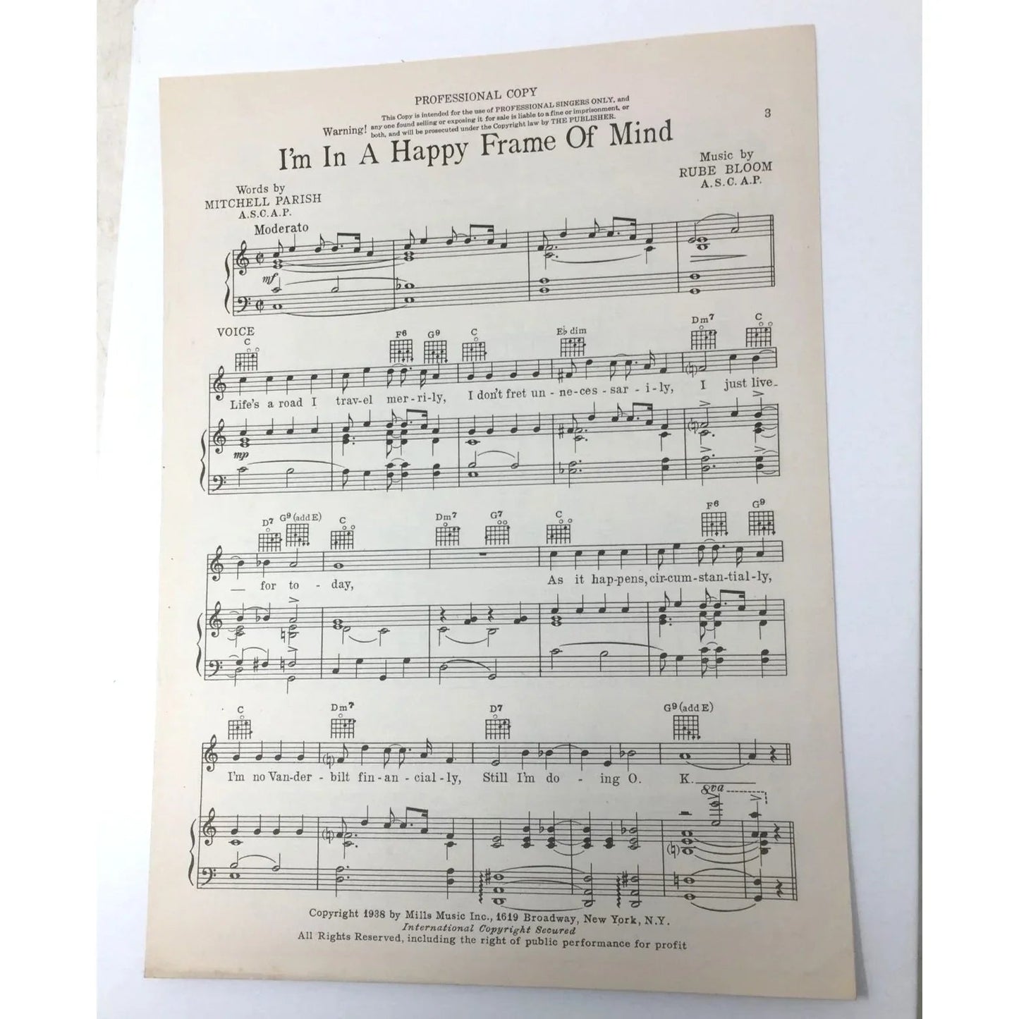Vintage 1938 "I'M IN A HAPPY FRAME OF MIND" Sheet Music - unbranded - SHEET MUSIC - A+ Stuff