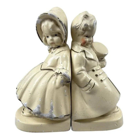 Vintage 1940s Cream Colored Coventry Ware Chalk Brother Sister Bookends - A+ Stuff - Collectibles - A+ Stuff