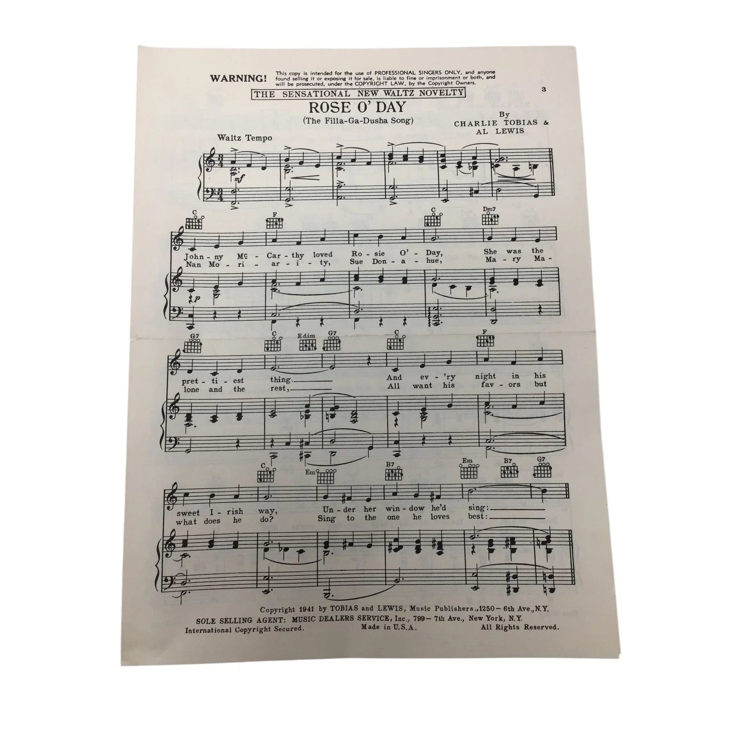 Vintage 1941 Sheet Music - ''Rose O' Day'' by Charlie Tobias and Al Lewis - A+ Stuff - Sheet Music - A+ Stuff