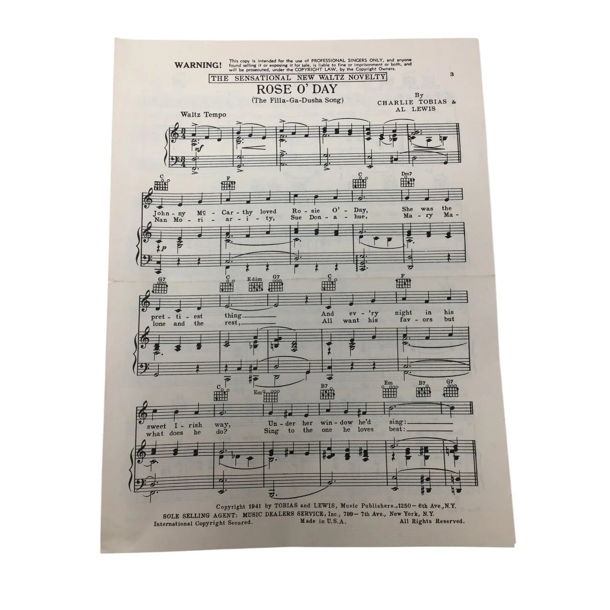 Vintage 1941 Sheet Music - ''Rose O' Day'' by Charlie Tobias and Al Lewis - A+ Stuff - Sheet Music - A+ Stuff