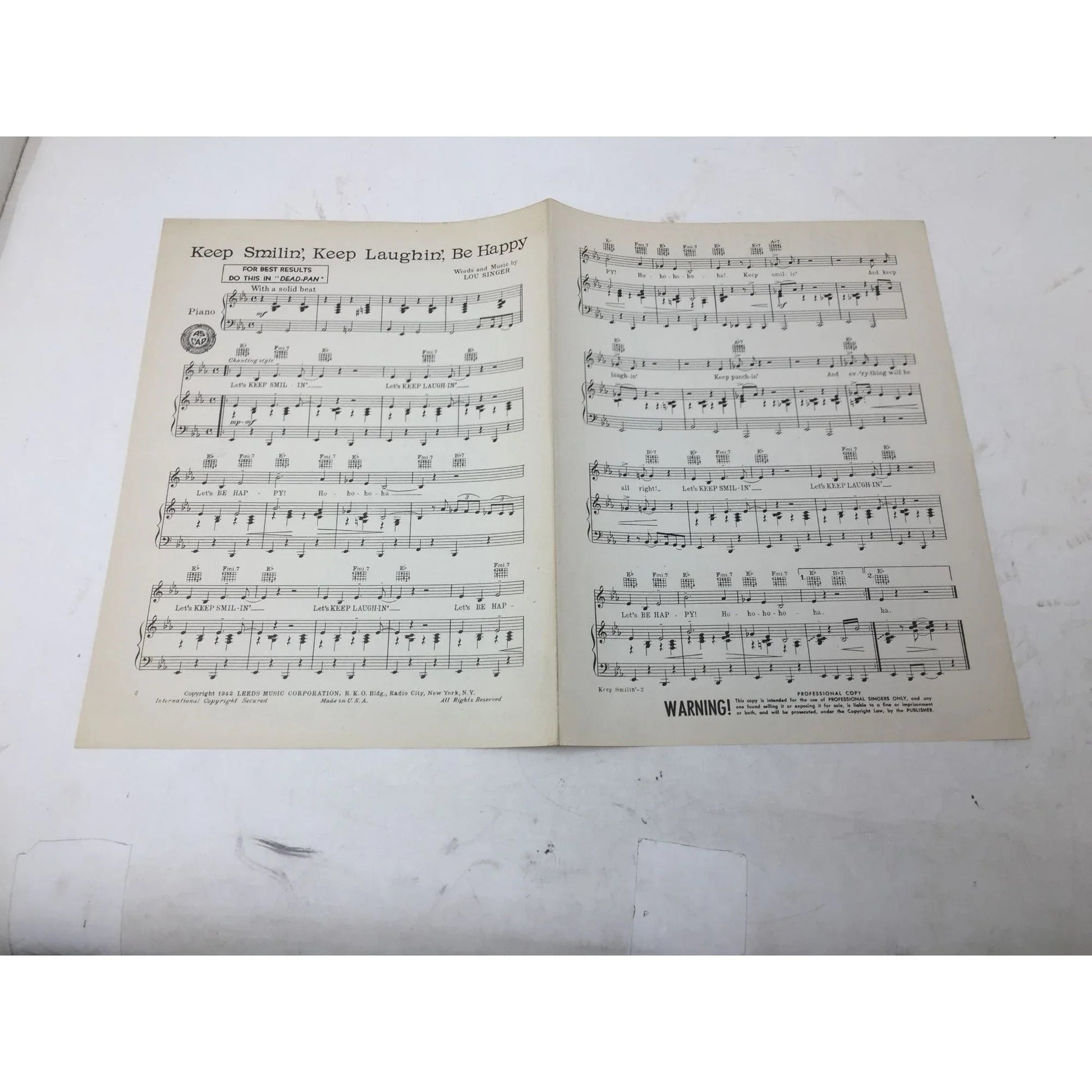 Vintage 1942 Sheet Music Book - ''Keep Smilin', Keep Laughin', Be Happy'' - A+ Stuff - SHEET MUSIC - A+ Stuff
