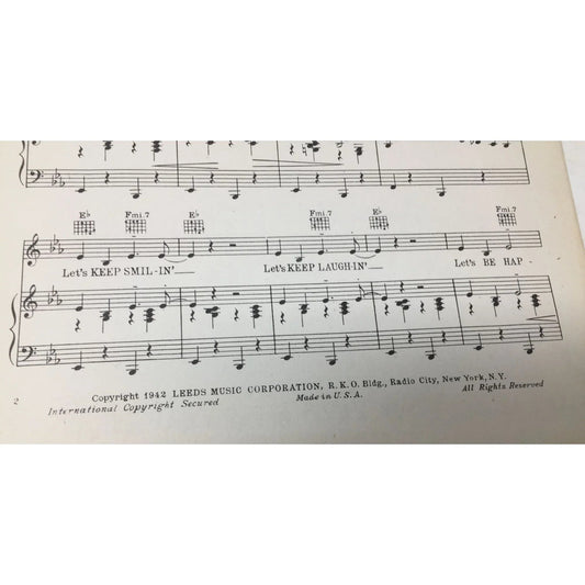 Vintage 1942 Sheet Music Book - ''Keep Smilin', Keep Laughin', Be Happy'' - A+ Stuff - SHEET MUSIC - A+ Stuff