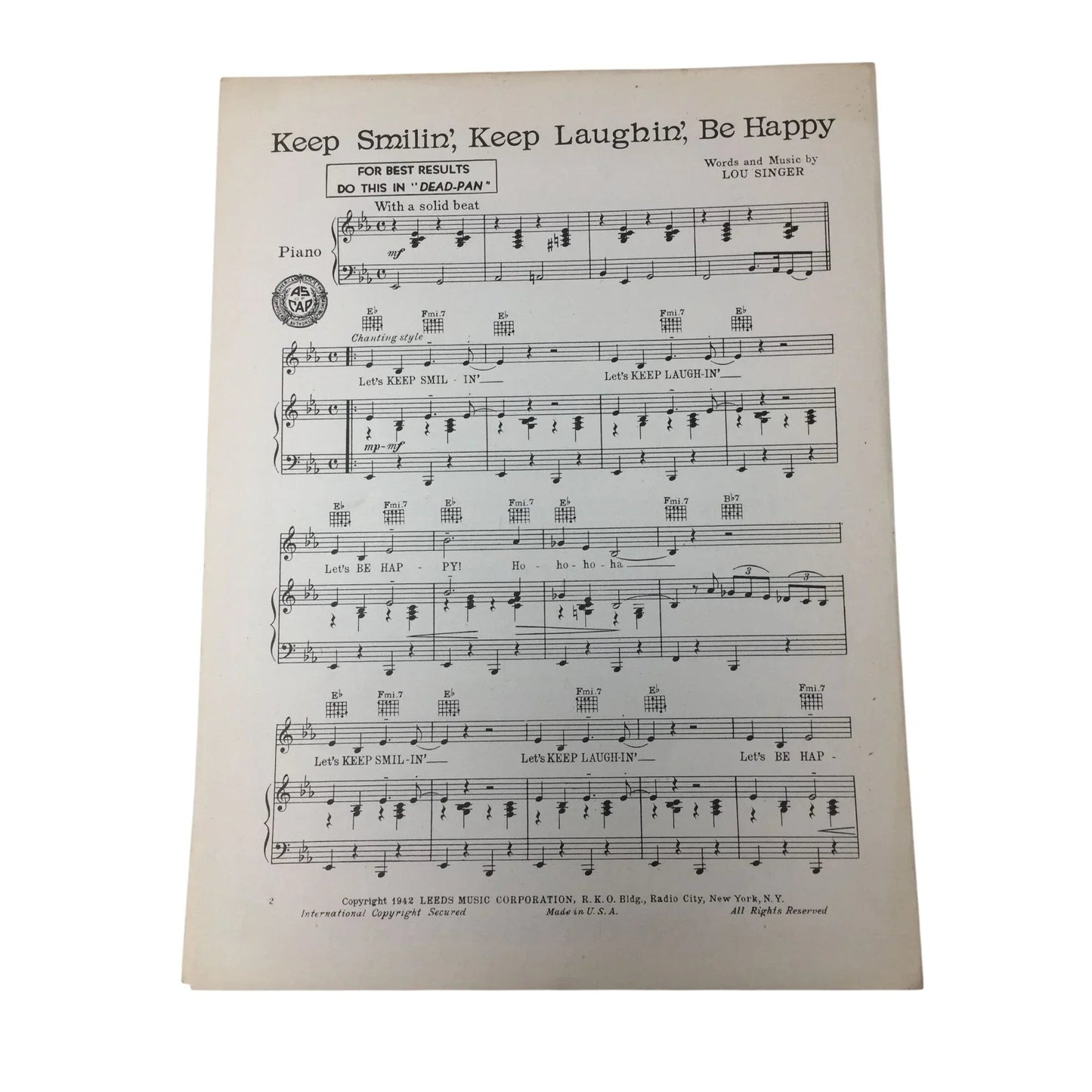 Vintage 1942 Sheet Music Book - ''Keep Smilin', Keep Laughin', Be Happy'' - A+ Stuff - SHEET MUSIC - A+ Stuff