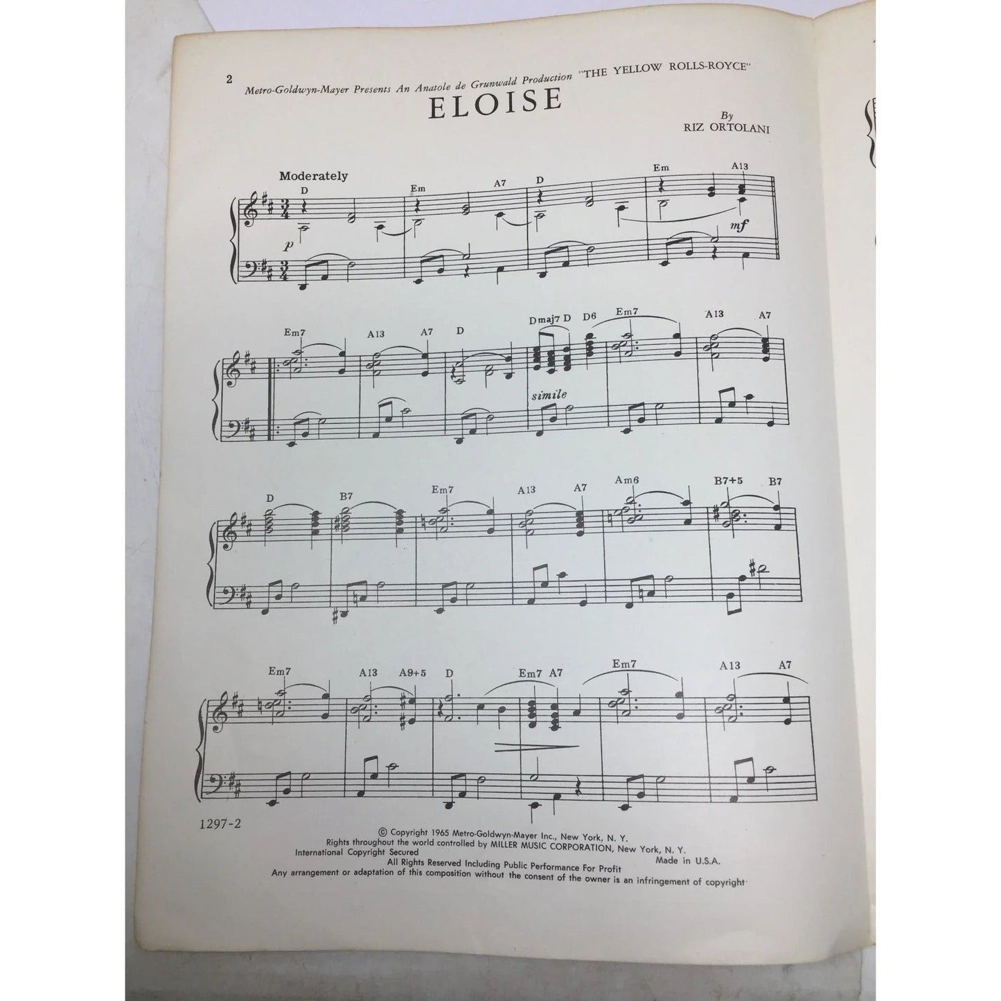 Vintage 1965 Piano Solo ''ELOISE'' By Riz Ortolani Sheet Music Book - A+ Stuff - SHEET MUSIC - A+ Stuff