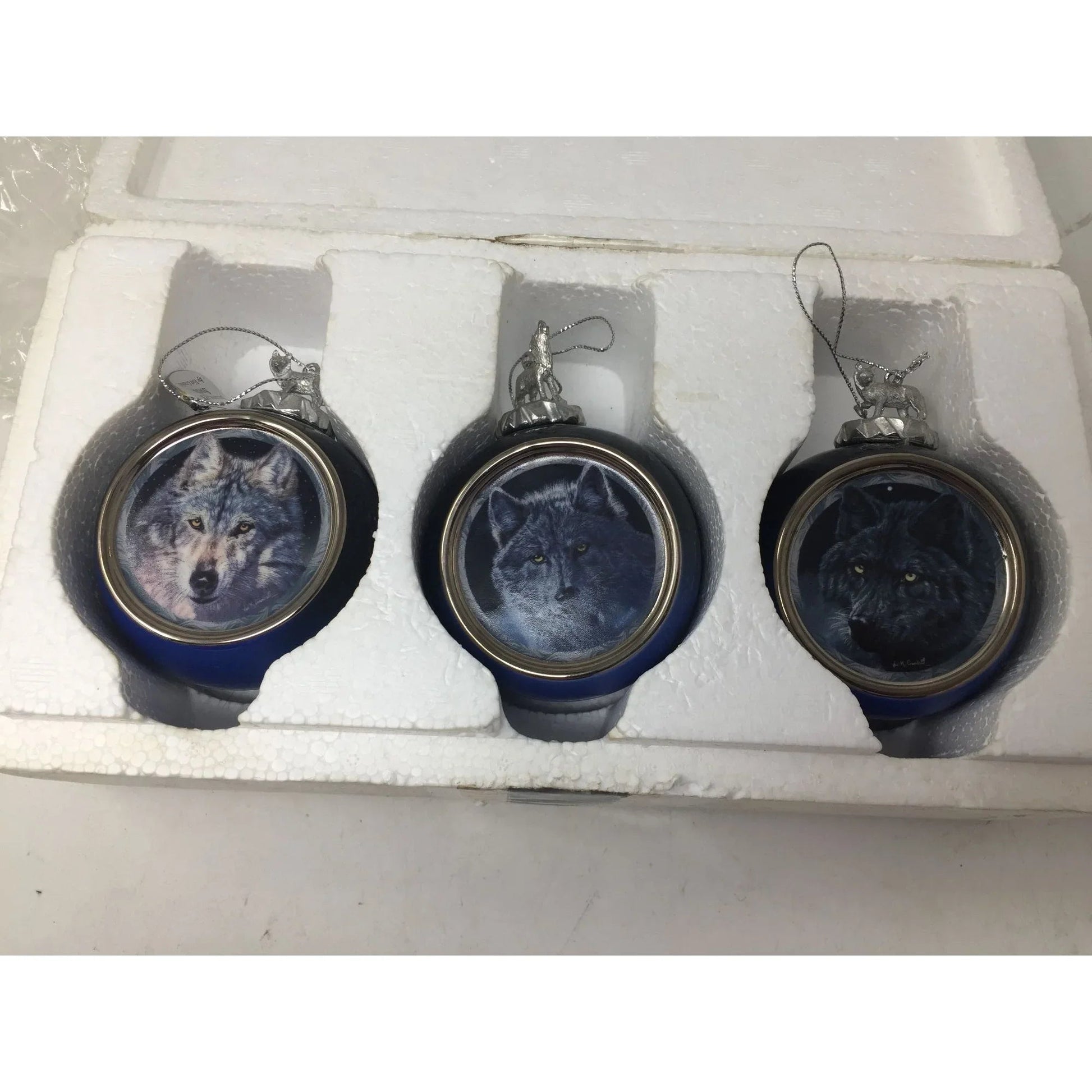 Vintage 1999 Bradford Editions Set of 6 Wolf Christmas Ornaments by Vivi Crandall - A+ Stuff