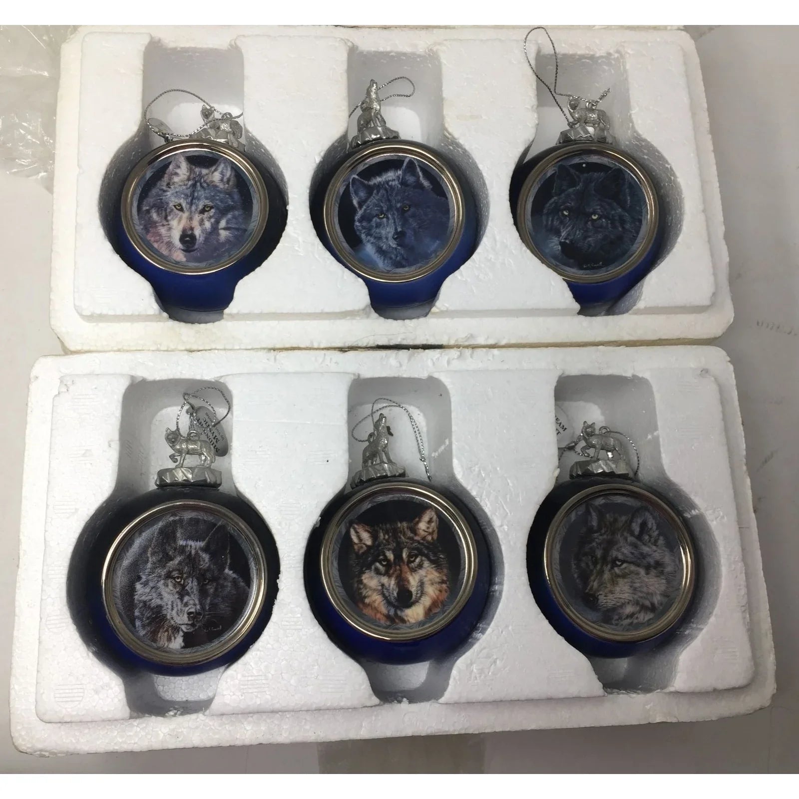 Vintage 1999 Bradford Editions Set of 6 Wolf Christmas Ornaments by Vivi Crandall - A+ Stuff
