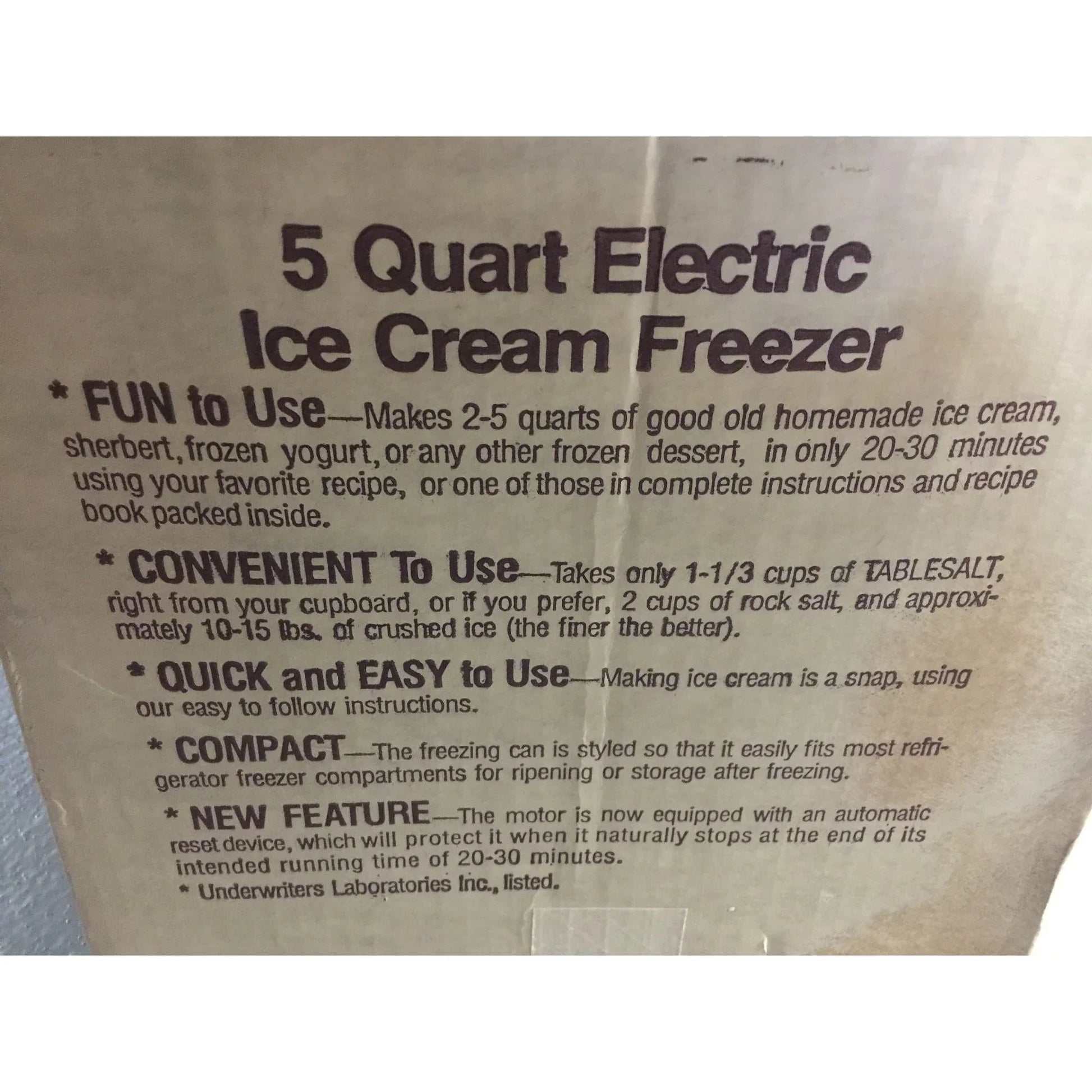 Vintage 5 Quart Electric Ice Cream Freezer In original box - A+ Stuff - primitive kitchen tools - A+ Stuff