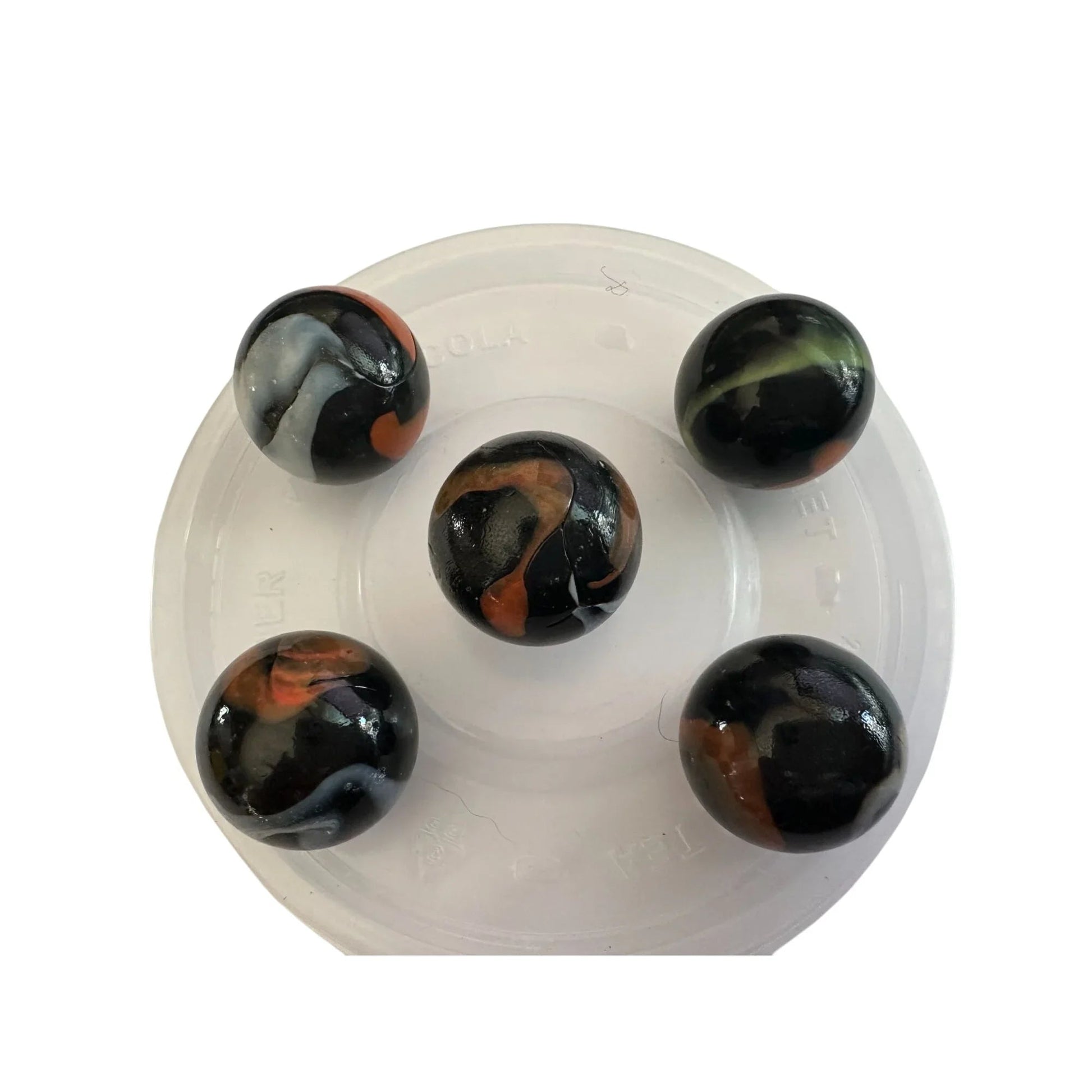 VINTAGE BLACK SHOOTER MARBLES WITH WHITE, YELLOW AND ORANGE SWIRLS - A+ Stuff - Collectibles - A+ Stuff