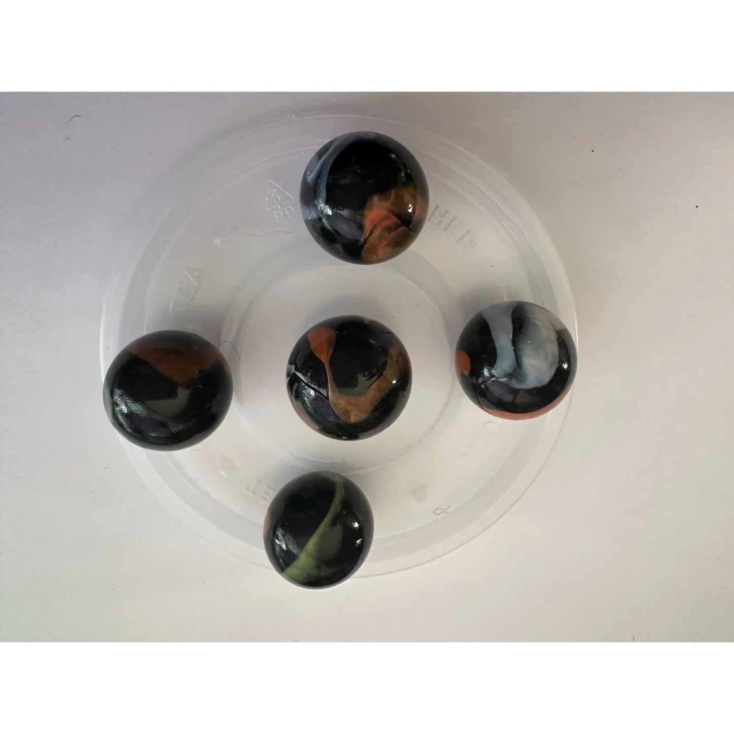VINTAGE BLACK SHOOTER MARBLES WITH WHITE, YELLOW AND ORANGE SWIRLS - A+ Stuff - Collectibles - A+ Stuff