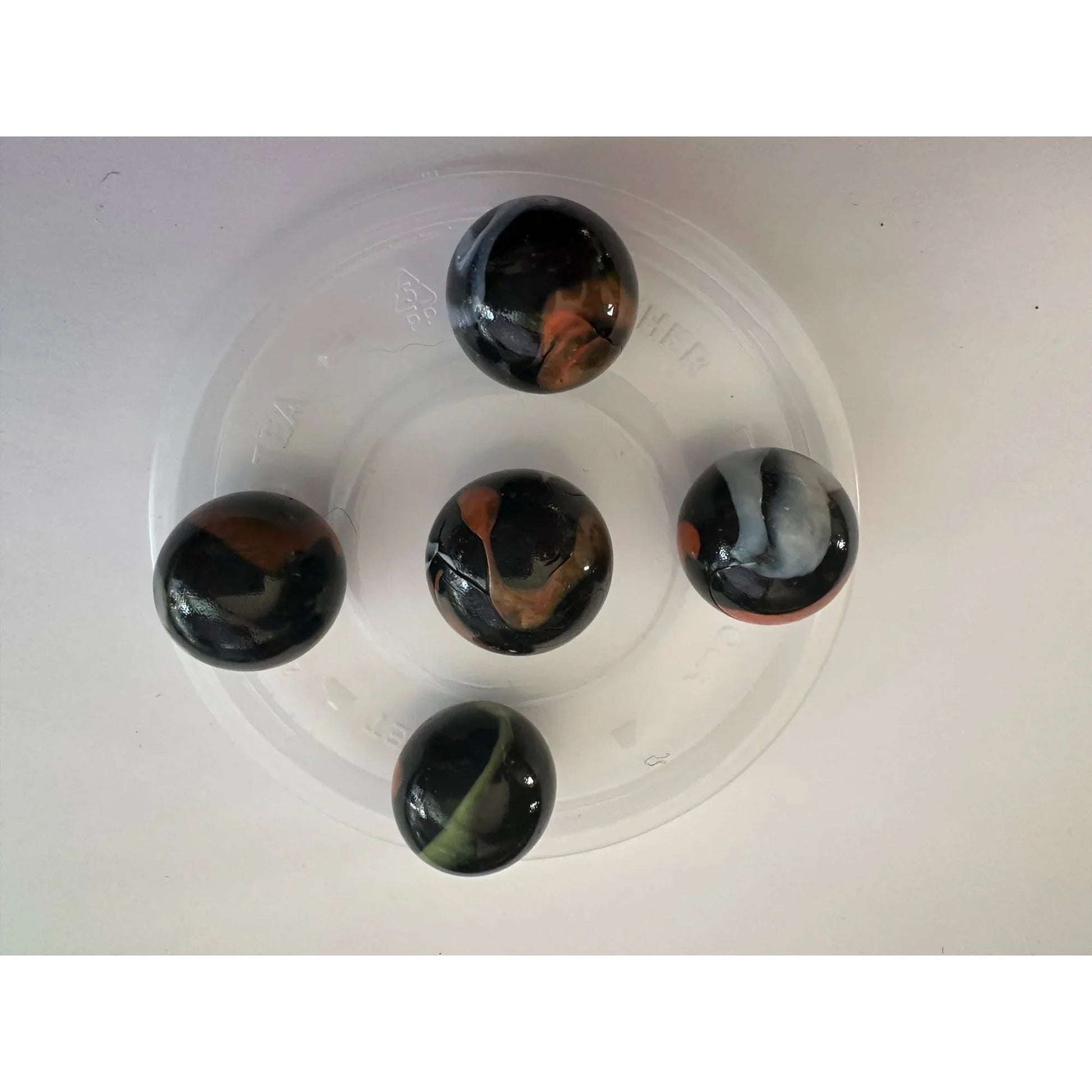 VINTAGE BLACK SHOOTER MARBLES WITH WHITE, YELLOW AND ORANGE SWIRLS - A+ Stuff - Collectibles - A+ Stuff