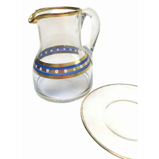 Vintage Blue & Gold Decorated Glass Pitcher and Saucer Set - Unique Retro Design! - A+ Stuff - Serving Pitchers & Carafes - A+ Stuff
