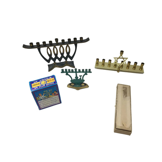 Vintage Brass Menorahs, Scroll, and Chanuka Box of Colorful Candles - A+ Stuff - Religious Items - A+ Stuff