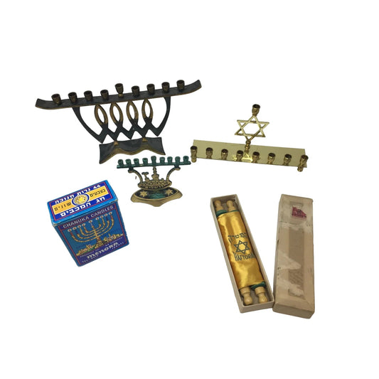 Vintage Brass Menorahs, Scroll, and Chanuka Box of Colorful Candles - A+ Stuff - Religious Items - A+ Stuff