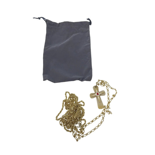Vintage Camrose & Kross Gold Tone Red Gemstone Cross Necklace in Original Box/Case - A+ Stuff