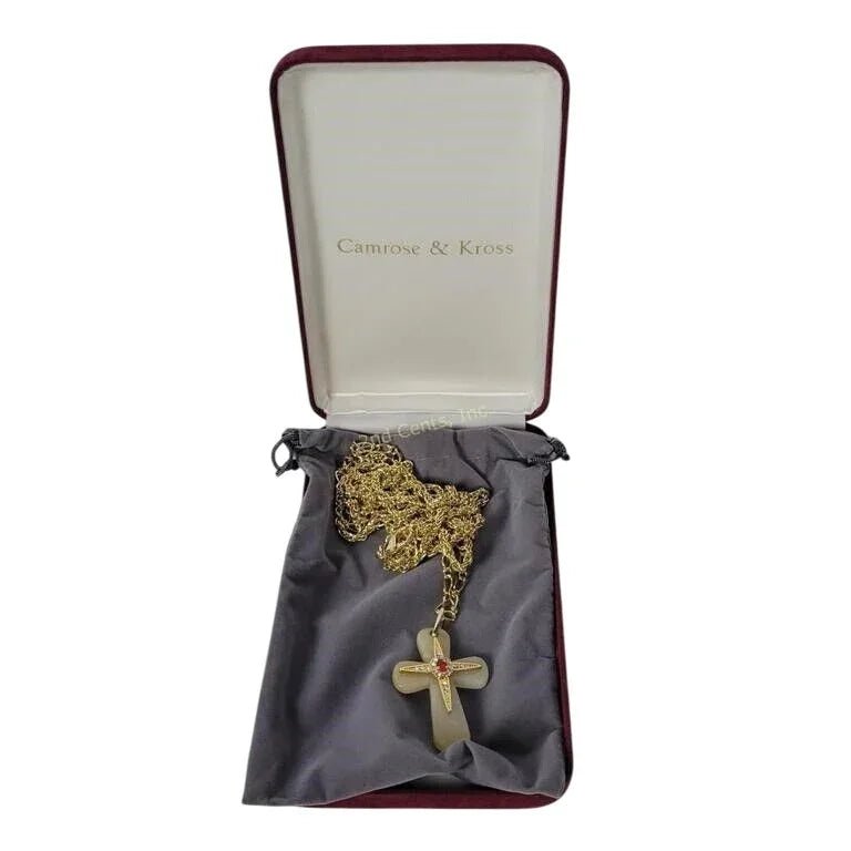 Vintage Camrose & Kross Gold Tone Red Gemstone Cross Necklace in Original Box/Case - A+ Stuff