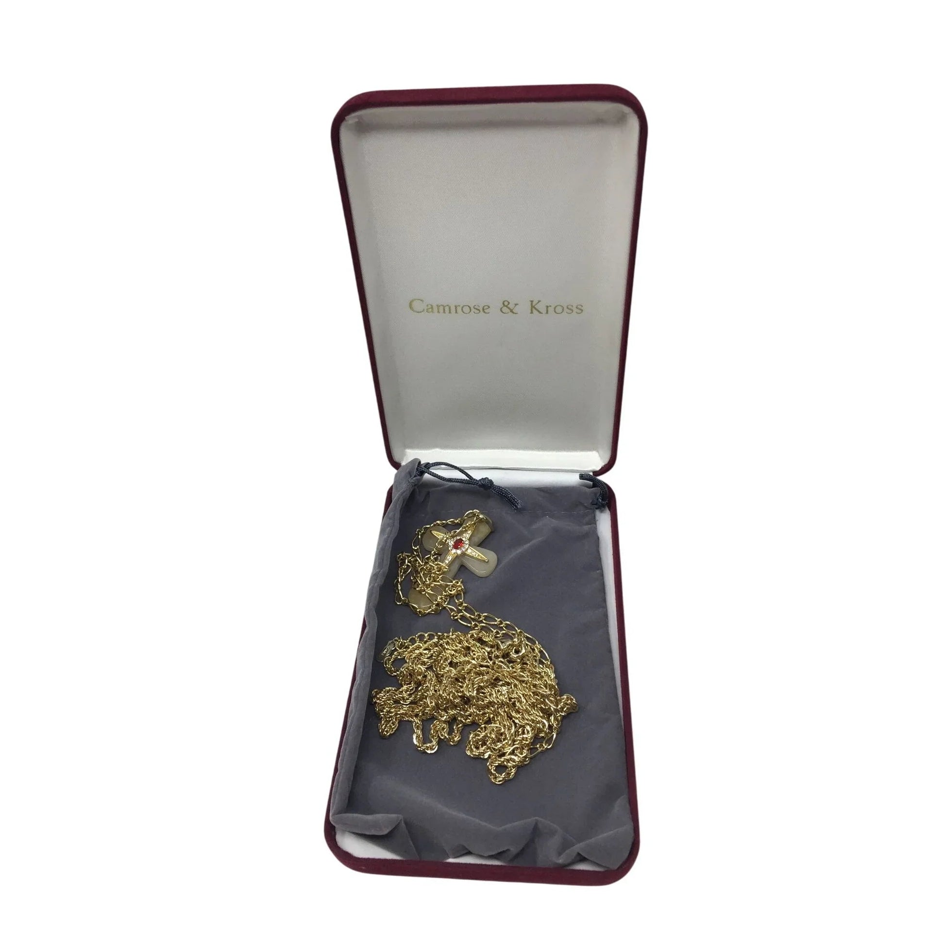 Vintage Camrose & Kross Gold Tone Red Gemstone Cross Necklace in Original Box/Case - A+ Stuff