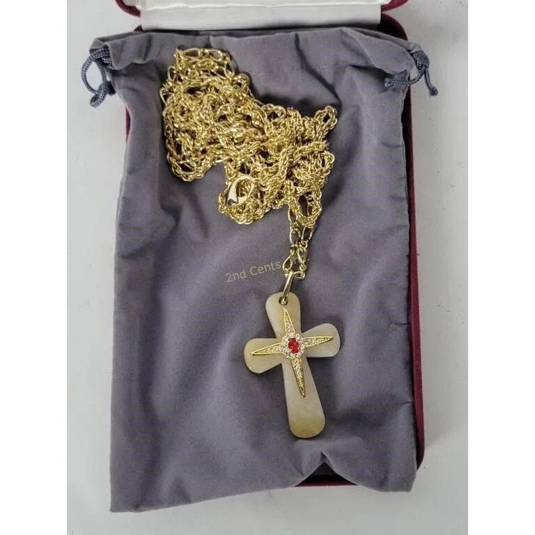Vintage Camrose & Kross Gold Tone Red Gemstone Cross Necklace in Original Box/Case - A+ Stuff