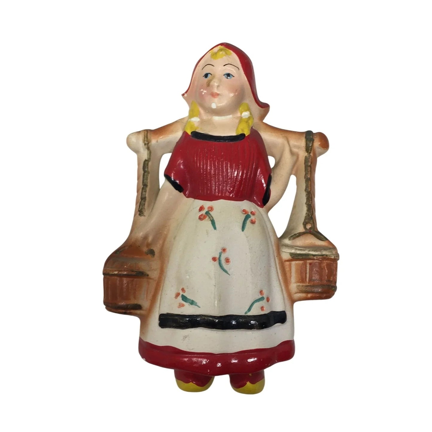 Vintage Chalkware Wall Plaque Dutch Girl in Red/White with Water Carriers - A+ Stuff - Home Decor Decals - A+ Stuff