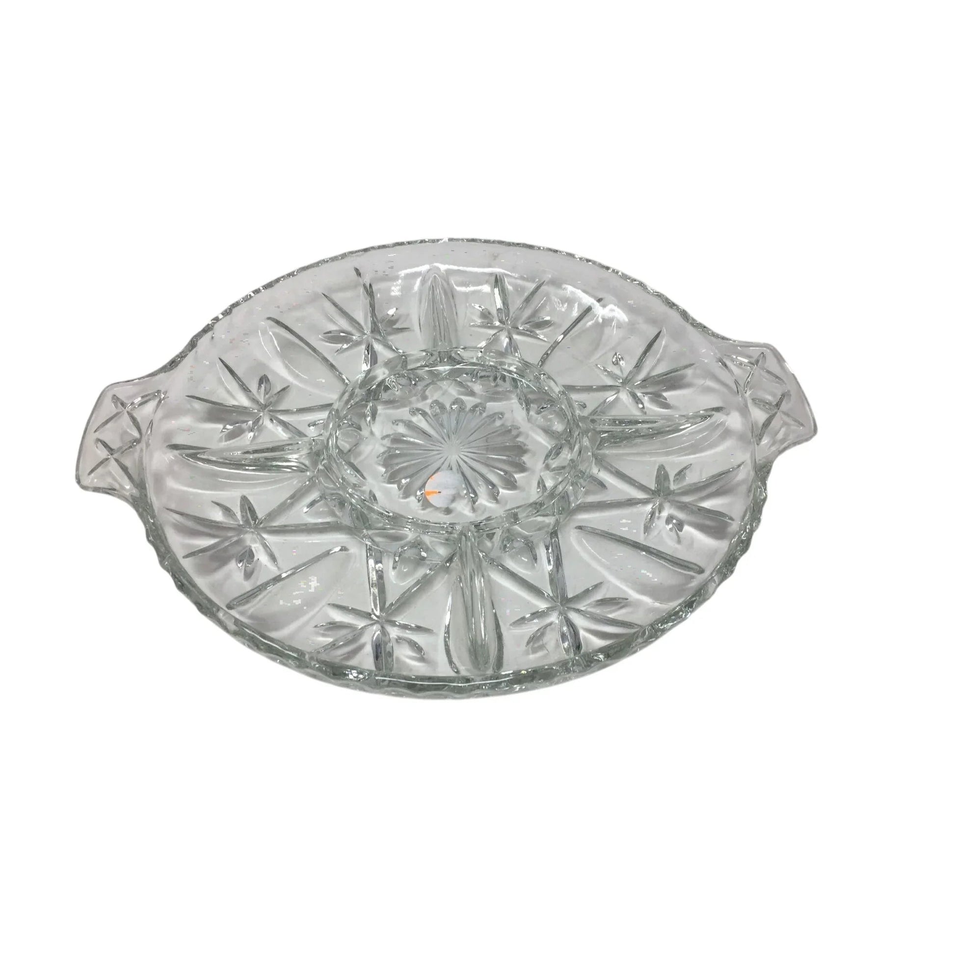 Vintage Clear Glass Round Divided Serving/Relish Dish with Handles - A+ Stuff