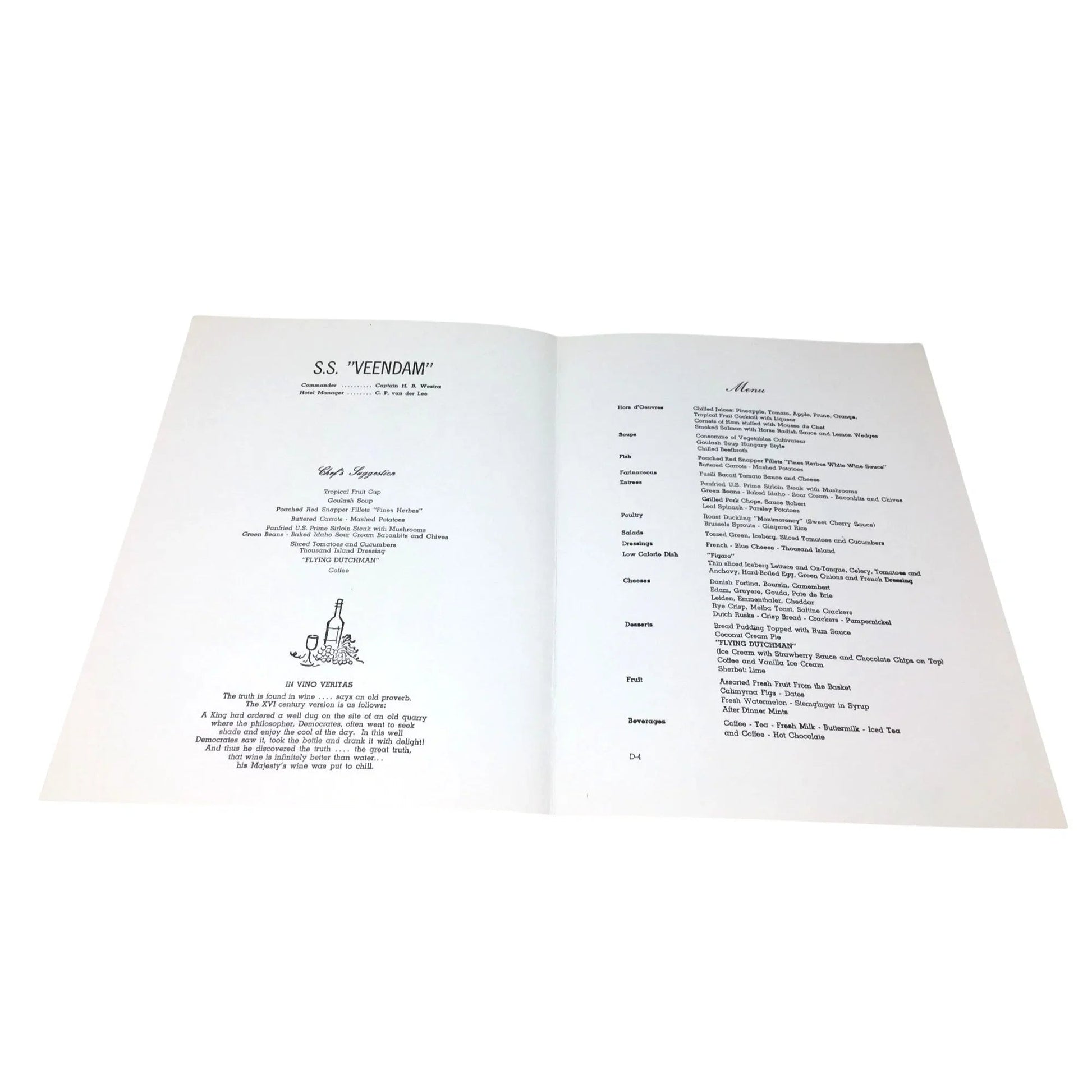 Vintage Dinner Menu from S.S "Veedam" Holland America Cruises - unbranded - A+ Stuff