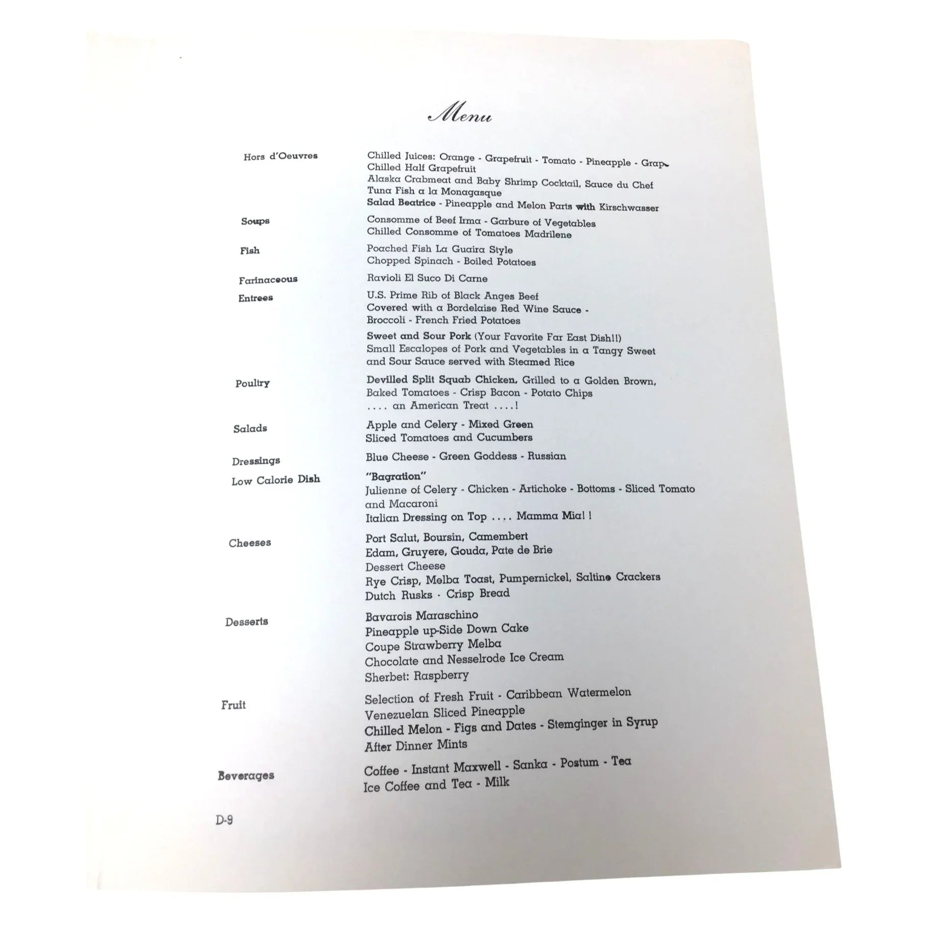 Vintage Dinner Menu from the S.S "VEENDAM" Holland America Cruise Ship - unbranded - A+ Stuff