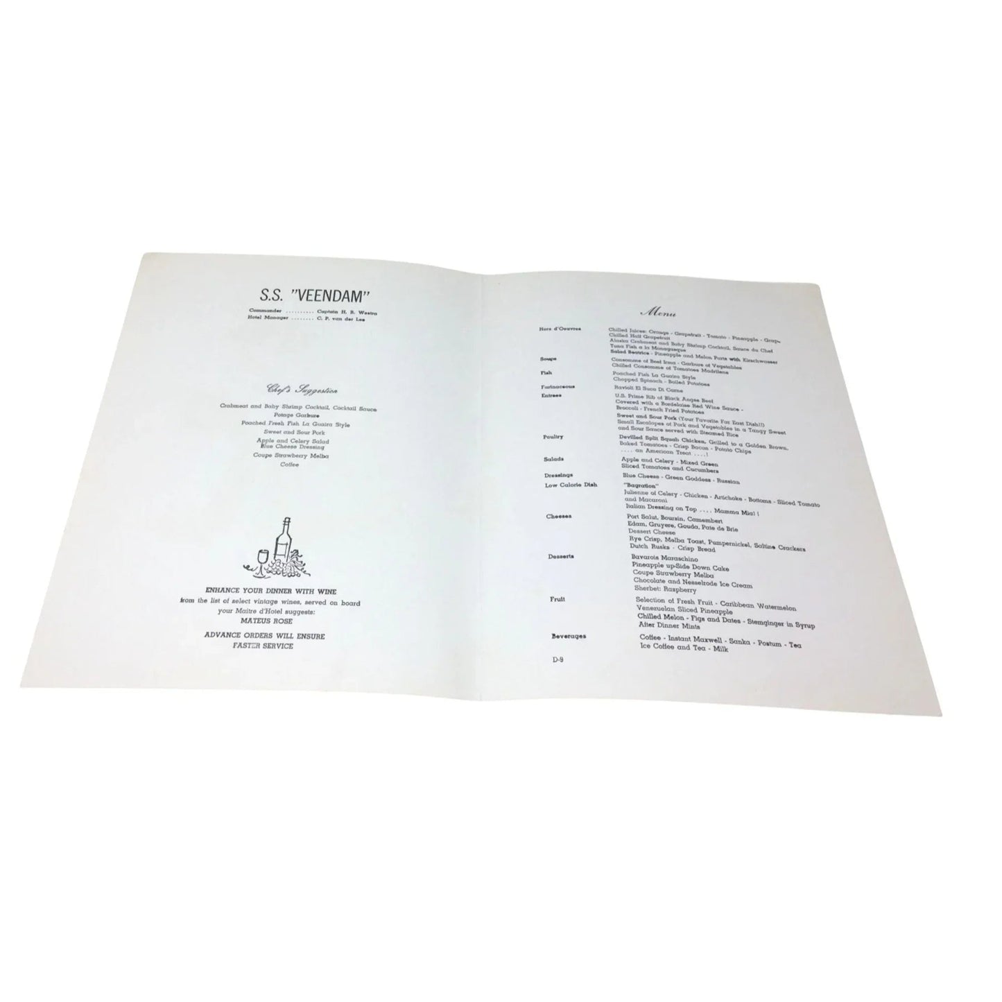 Vintage Dinner Menu from the S.S "VEENDAM" Holland America Cruise Ship - unbranded - A+ Stuff