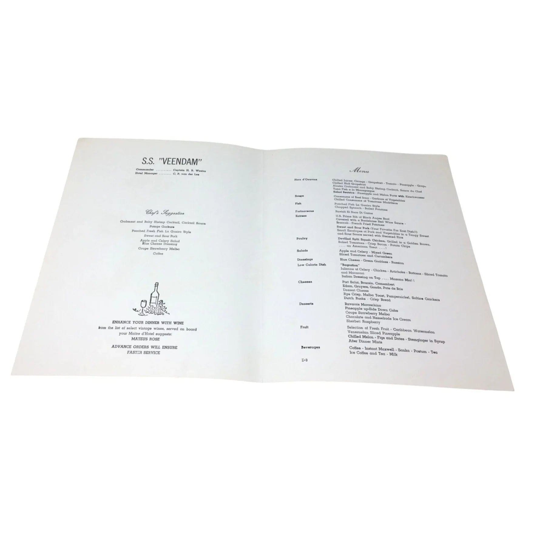 Vintage Dinner Menu from the S.S "VEENDAM" Holland America Cruise Ship - unbranded - A+ Stuff