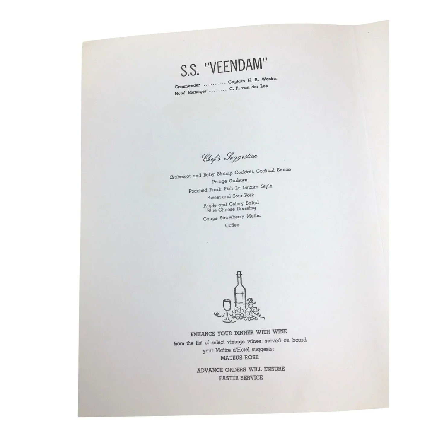 Vintage Dinner Menu from the S.S "VEENDAM" Holland America Cruise Ship - unbranded - A+ Stuff