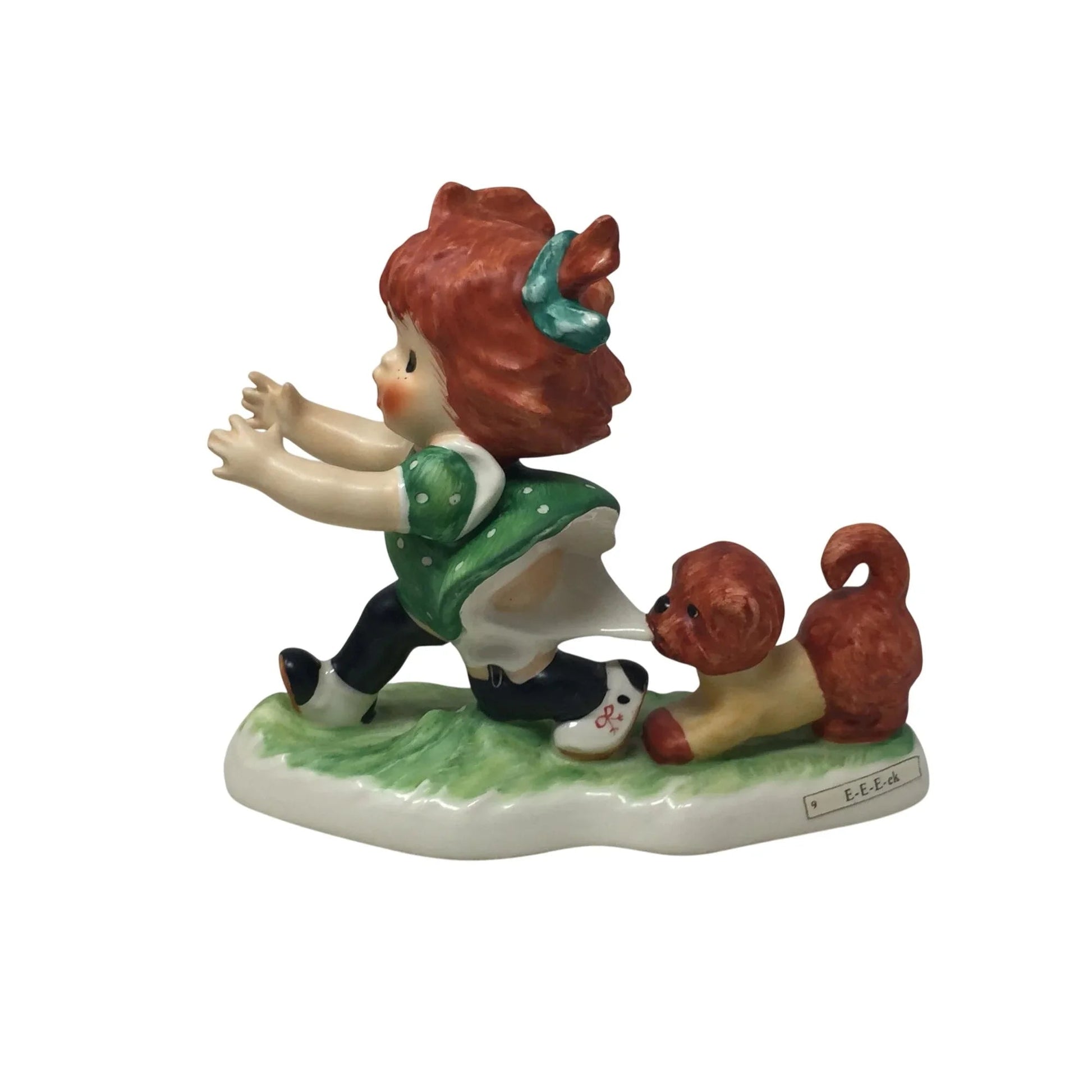 Vintage Goebel Figurine - '''E - E - E - Ek'' Redhead Puppy Tugging at Girl's Clothes - Goebel - Figurines - A+ Stuff