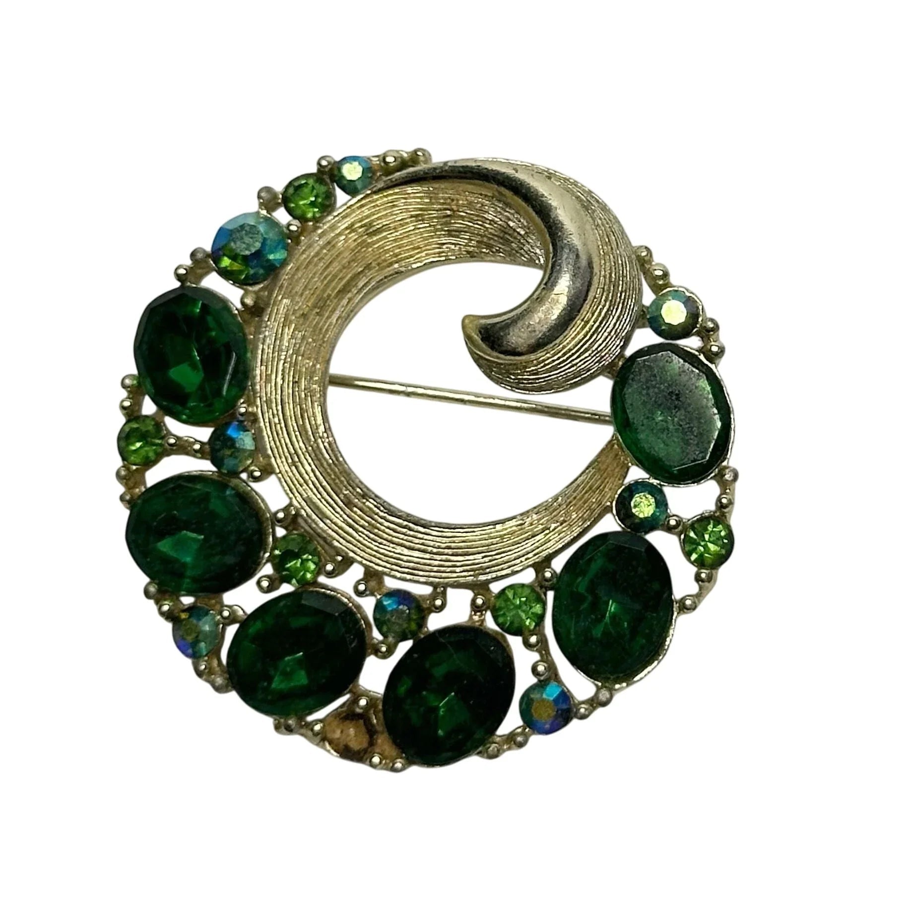Vintage Gold Tone Lisner Wreath Brooch with Green Rhinestones - lisner - Brooch - A+ Stuff