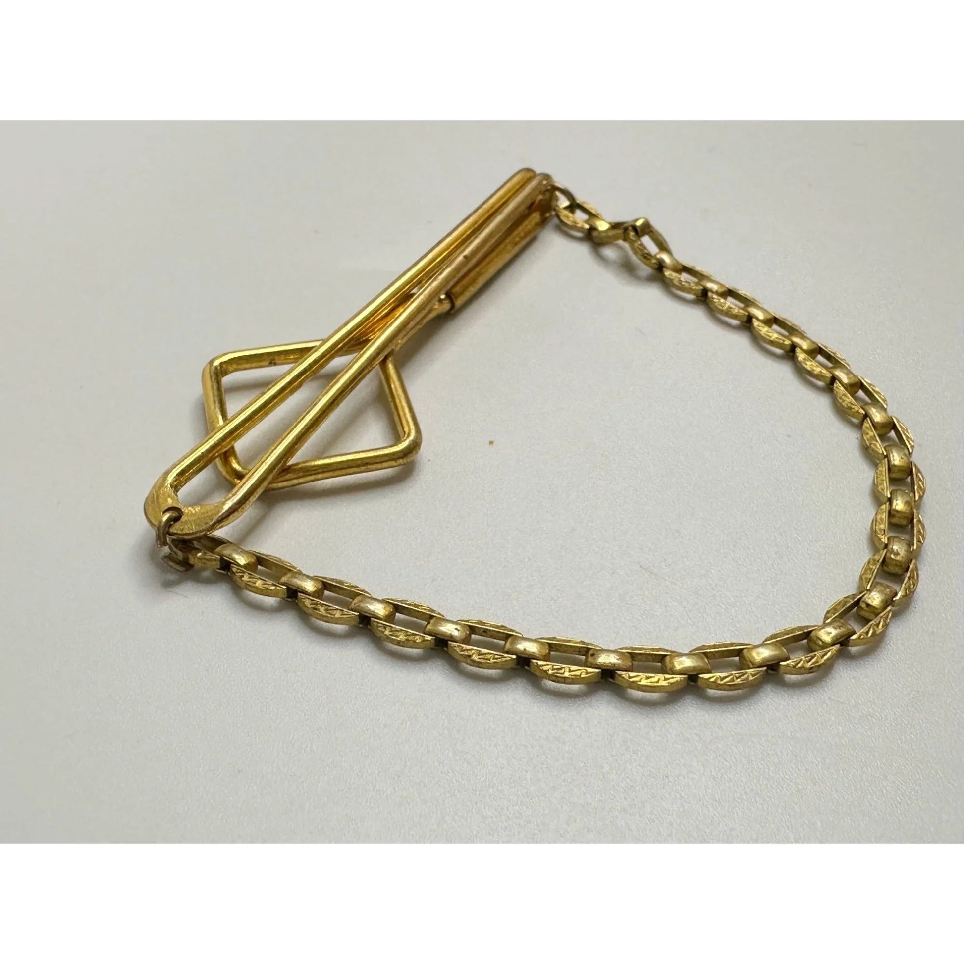 Vintage Gold Tone Square Link Box Chain SWANK Tie Bar Clip - A+ Stuff - Tie Pin - A+ Stuff