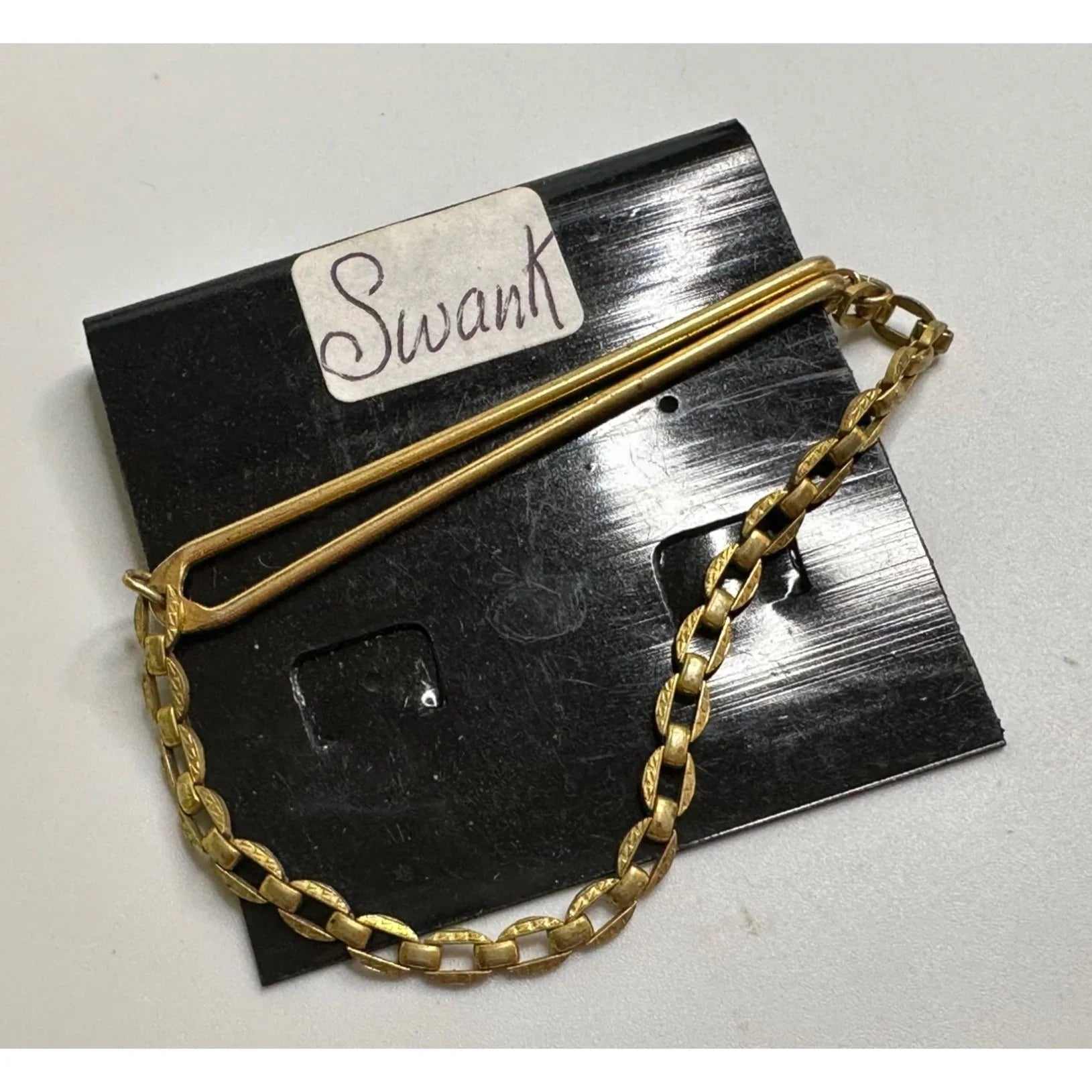 Vintage Gold Tone Square Link Box Chain SWANK Tie Bar Clip - A+ Stuff - Tie Pin - A+ Stuff