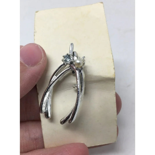 Vintage Good Luck Wishbone Rhinestone Silver Tone Brooch Pin - A+ Stuff - Brooch - A+ Stuff