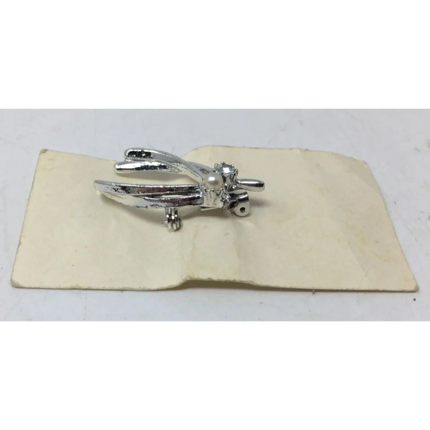 Vintage Good Luck Wishbone Rhinestone Silver Tone Brooch Pin - A+ Stuff - Brooch - A+ Stuff