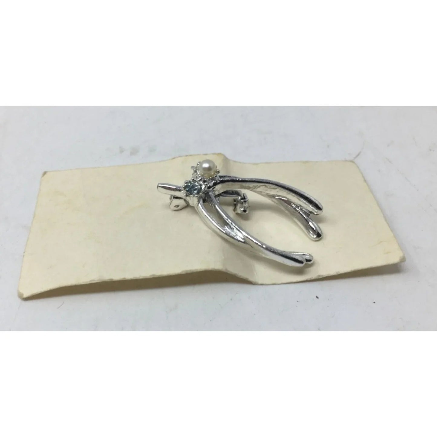 Vintage Good Luck Wishbone Rhinestone Silver Tone Brooch Pin - A+ Stuff - Brooch - A+ Stuff