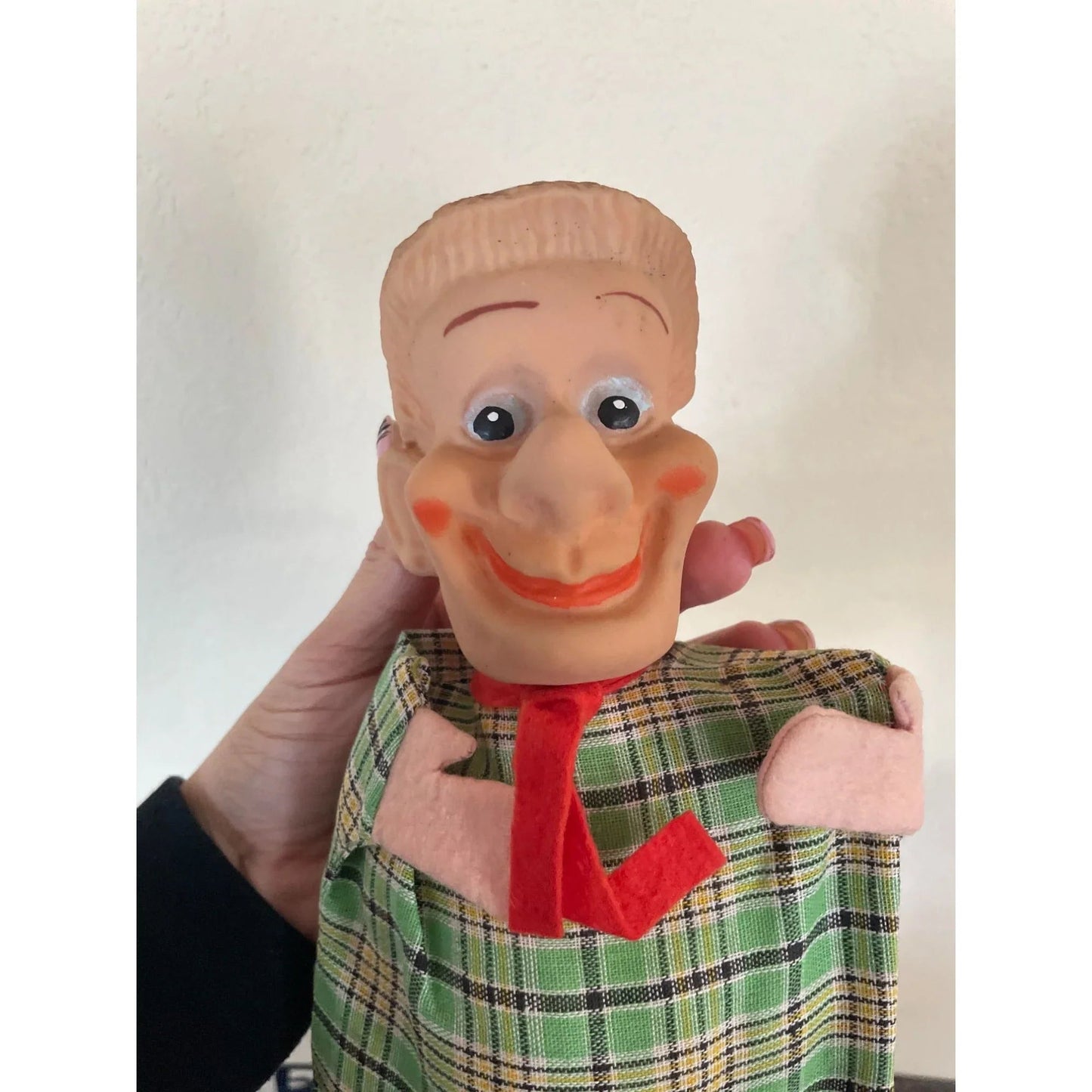 Vintage Hand Puppet - Man Wearing Green Plaid Outfit with Red Bow/tie - A+ Stuff - Puppets & Marionettes - A+ Stuff