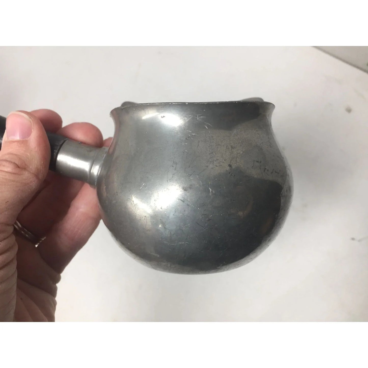 Vintage Handmade Pewter Sauce Server with Black Handle - A+ Stuff - primitive kitchen tools - A+ Stuff