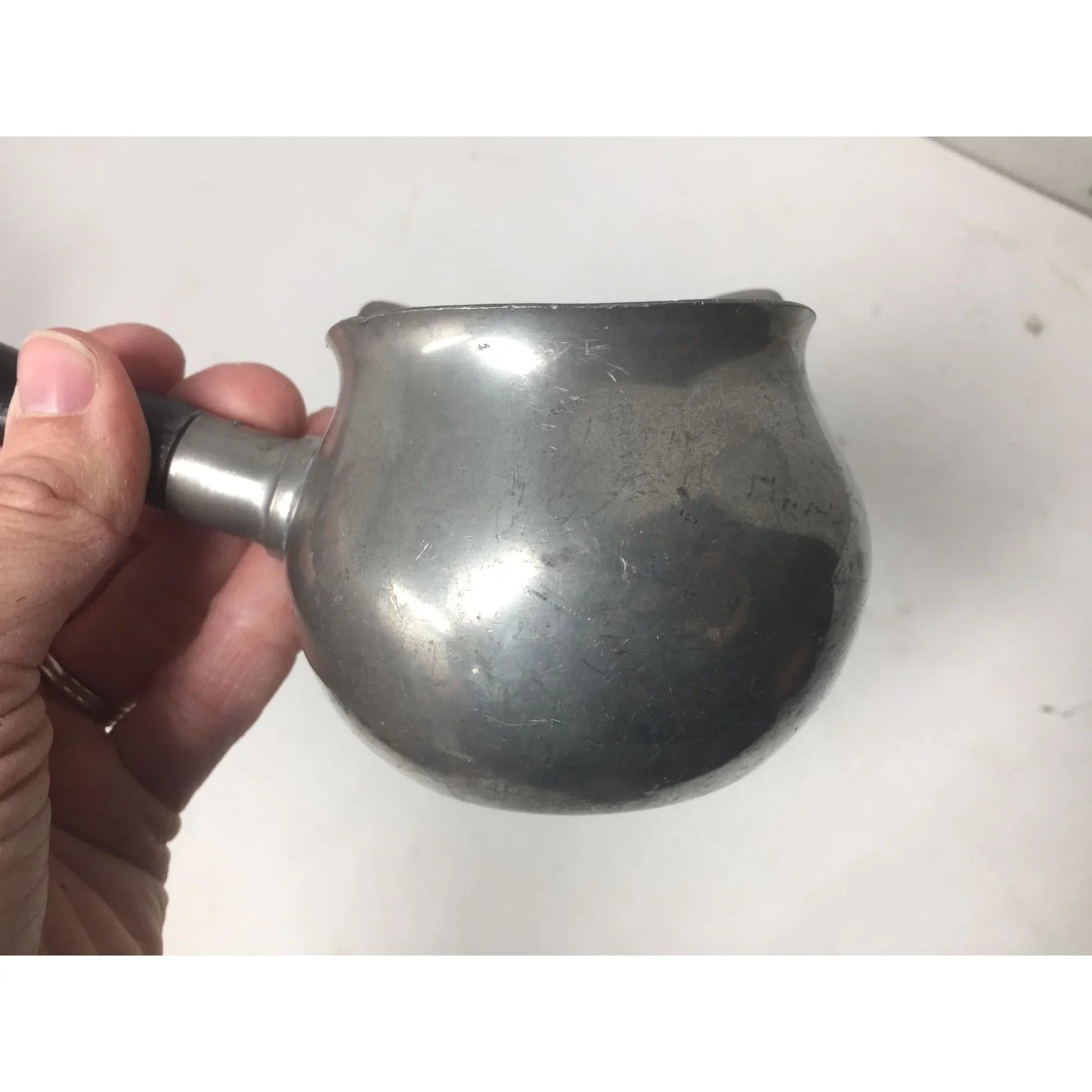 Vintage Handmade Pewter Sauce Server with Black Handle - A+ Stuff - primitive kitchen tools - A+ Stuff