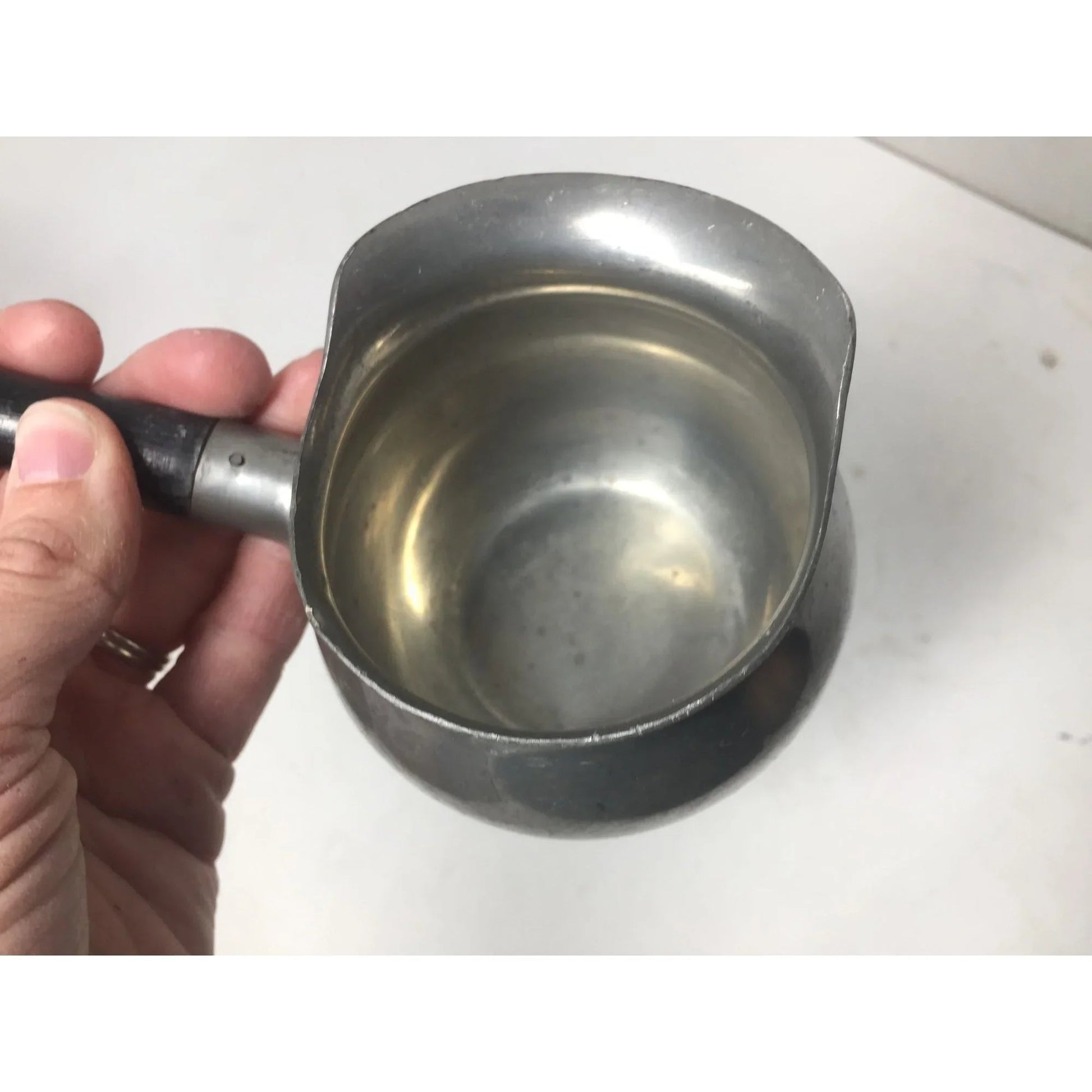 Vintage Handmade Pewter Sauce Server with Black Handle - A+ Stuff - primitive kitchen tools - A+ Stuff