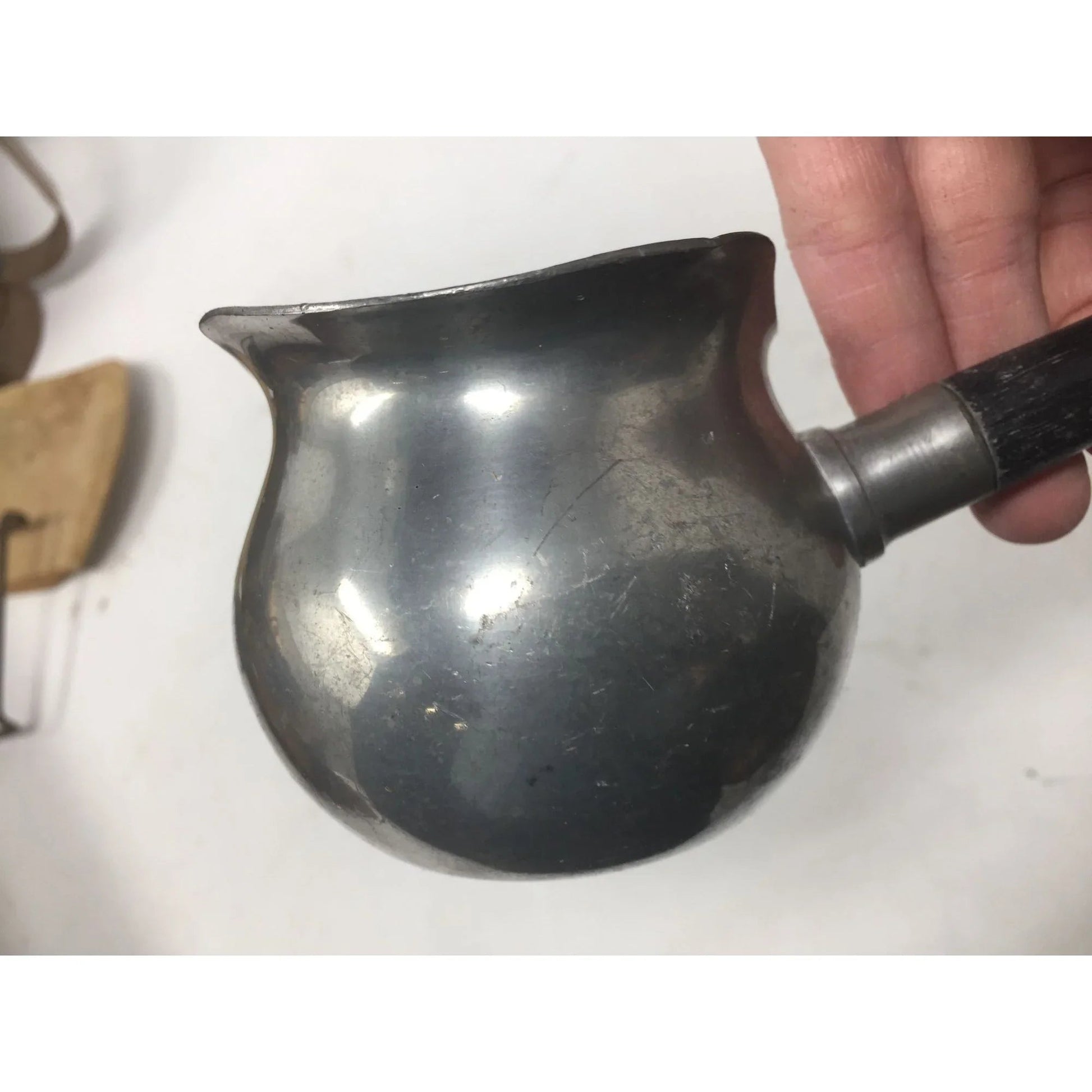 Vintage Handmade Pewter Sauce Server with Black Handle - A+ Stuff - primitive kitchen tools - A+ Stuff