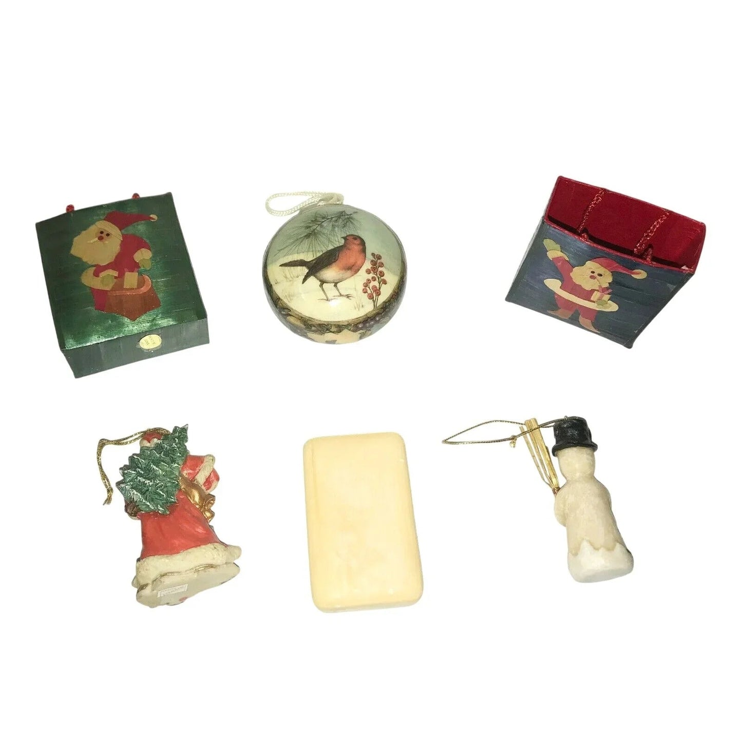 Vintage Holiday CHRISTMAS TREE Ornaments & Soap - Snowman, Santa, BIrd - Unbranded - Christmas Ornament Set - A+ Stuff