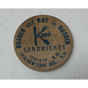 Vintage Kay's Sandwiches Wooden Nickel Good For One Cup of Coffee