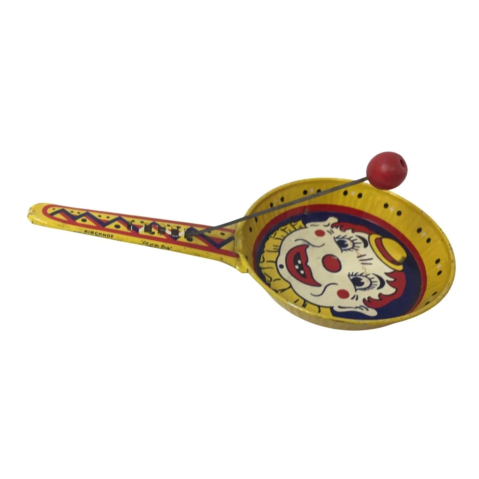 Vintage Kirchhof Clown Yellow Tin Metal Paddle Noise Maker Toy - Kirchhof - Toys - A+ Stuff
