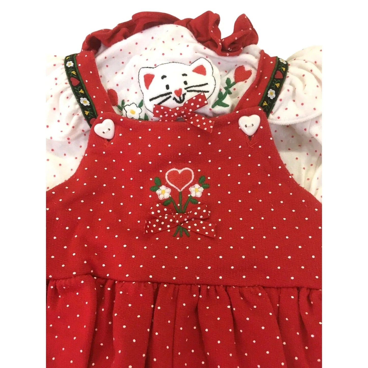 Vintage Kitten Romper - Dots, Flowers, Hearts, Ruffle Infant 12 mos. 1980s style - Unbranded - Baby & Toddler Outfits - A+ Stuff