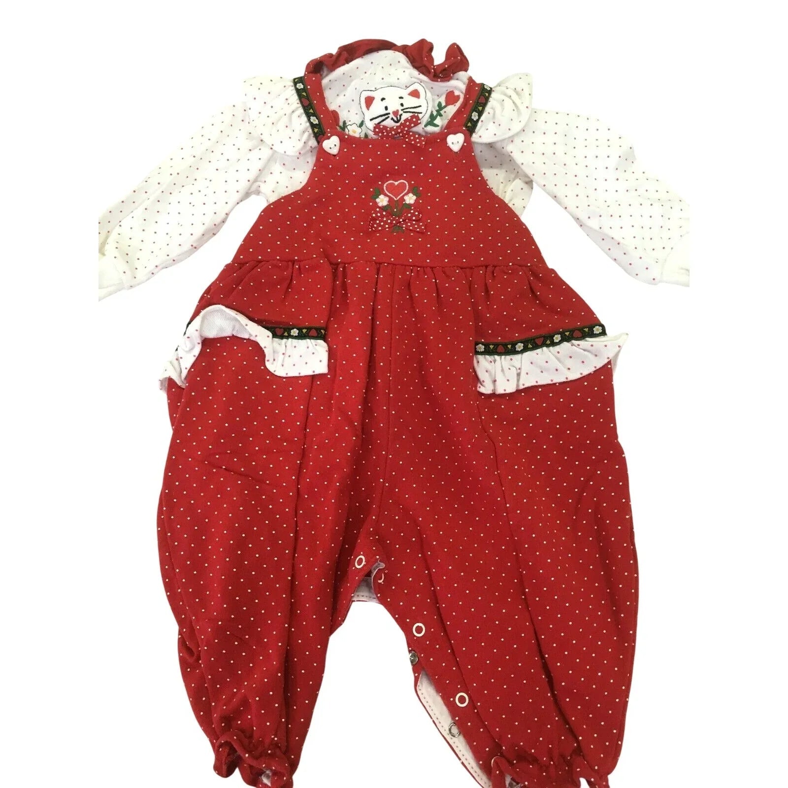 Vintage Kitten Romper - Dots, Flowers, Hearts, Ruffle Infant 12 mos. 1980s style - Unbranded - Baby & Toddler Outfits - A+ Stuff