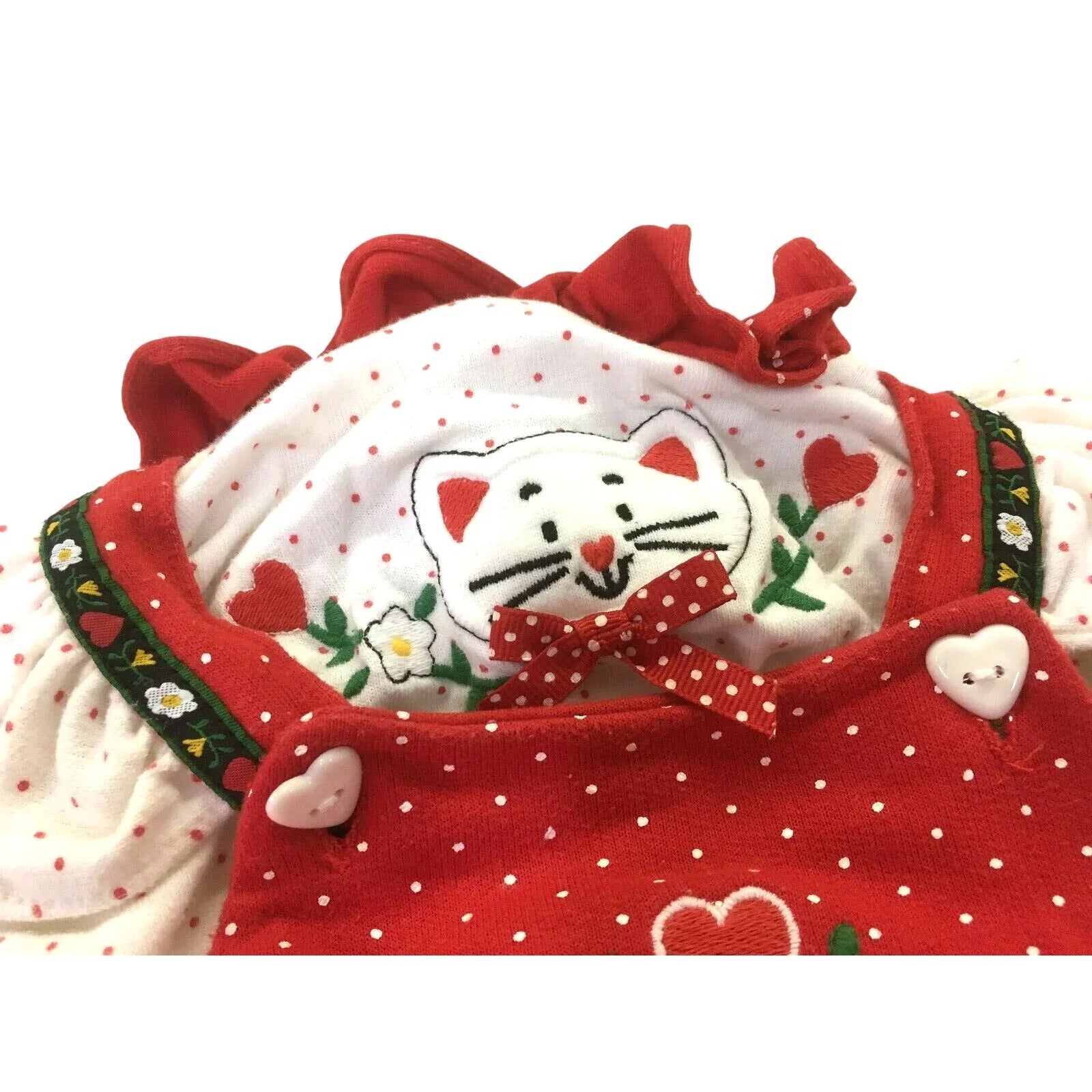 Vintage Kitten Romper - Dots, Flowers, Hearts, Ruffle Infant 12 mos. 1980s style - Unbranded - Baby & Toddler Outfits - A+ Stuff