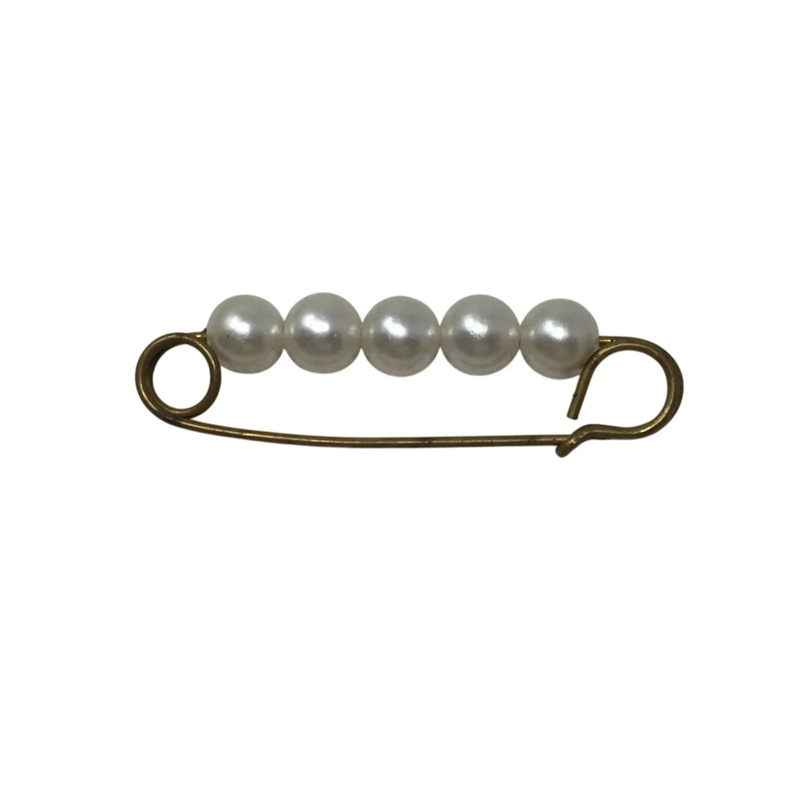 Vintage Large Gold Tone Brooch Safety Pin with White Faux Pearls/Beads - A+ Stuff - pin - A+ Stuff