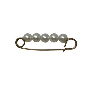 Vintage Large Gold Tone Brooch Safety Pin with White Faux Pearls/Beads