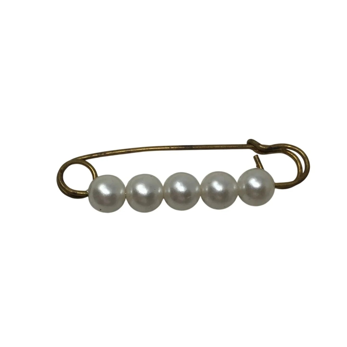 Vintage Large Gold Tone Brooch Safety Pin with White Faux Pearls/Beads - A+ Stuff - pin - A+ Stuff